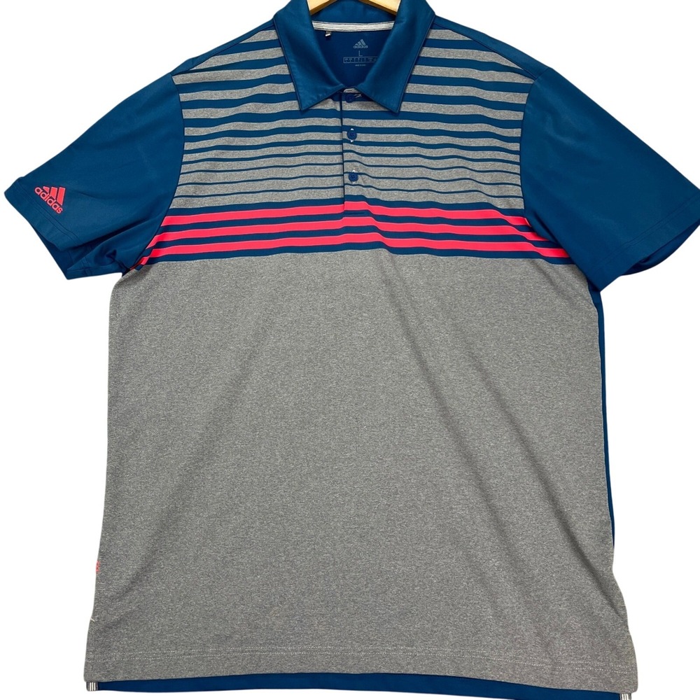 Adidas Polo Shirt Mens Large Blue Gray Pink Striped Colorblock Short Sleeve Golf
